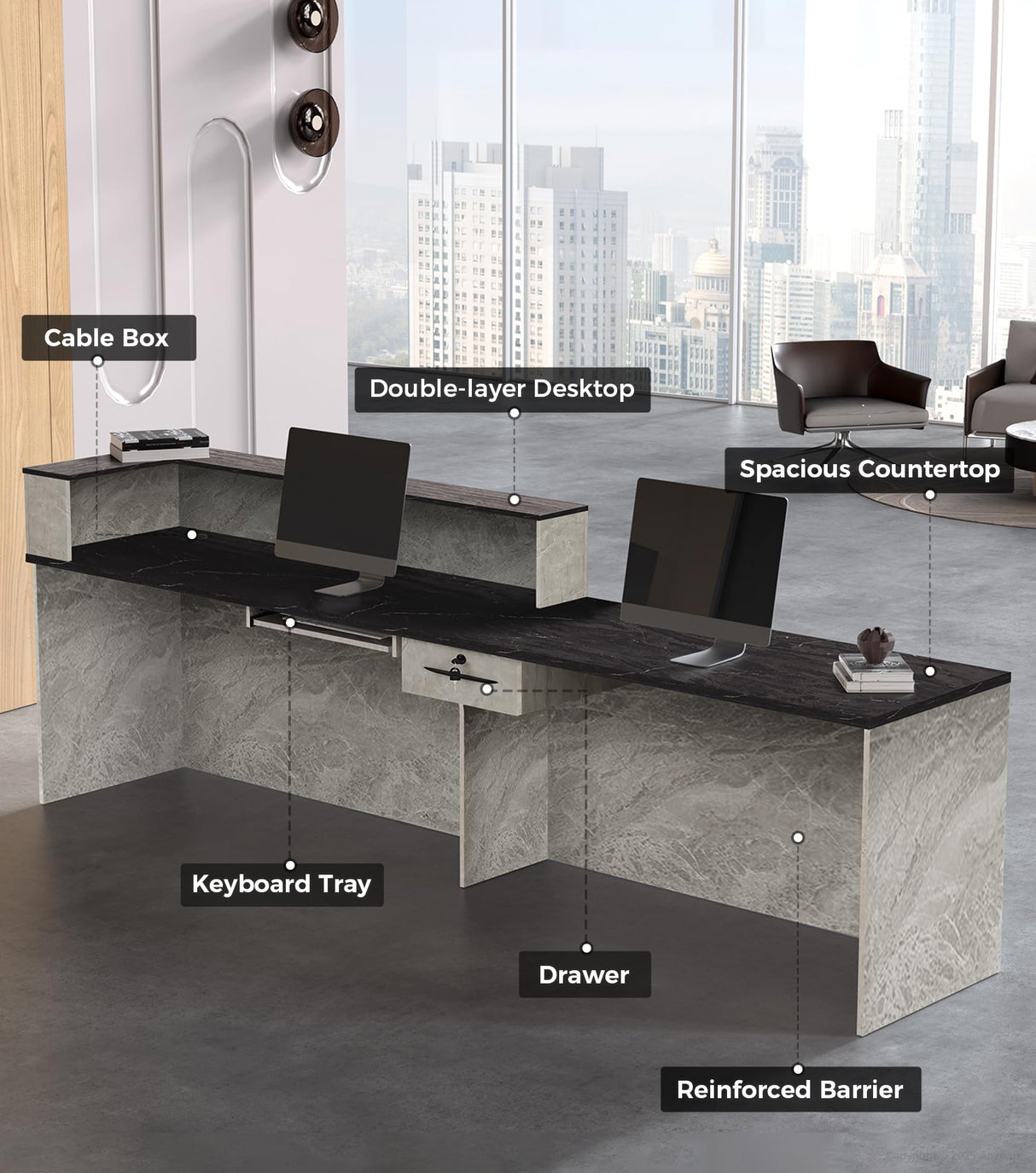 Anzhap L-Shaped Reception Desk with Counter, Front Desk Reception Counter with Drawer, Keyboard Tray & Cable Box for Office, Salon, Lobby, Checkout, Retail(Grey + Black/Left, 79" L * 24" W * 39" H) Anzhap