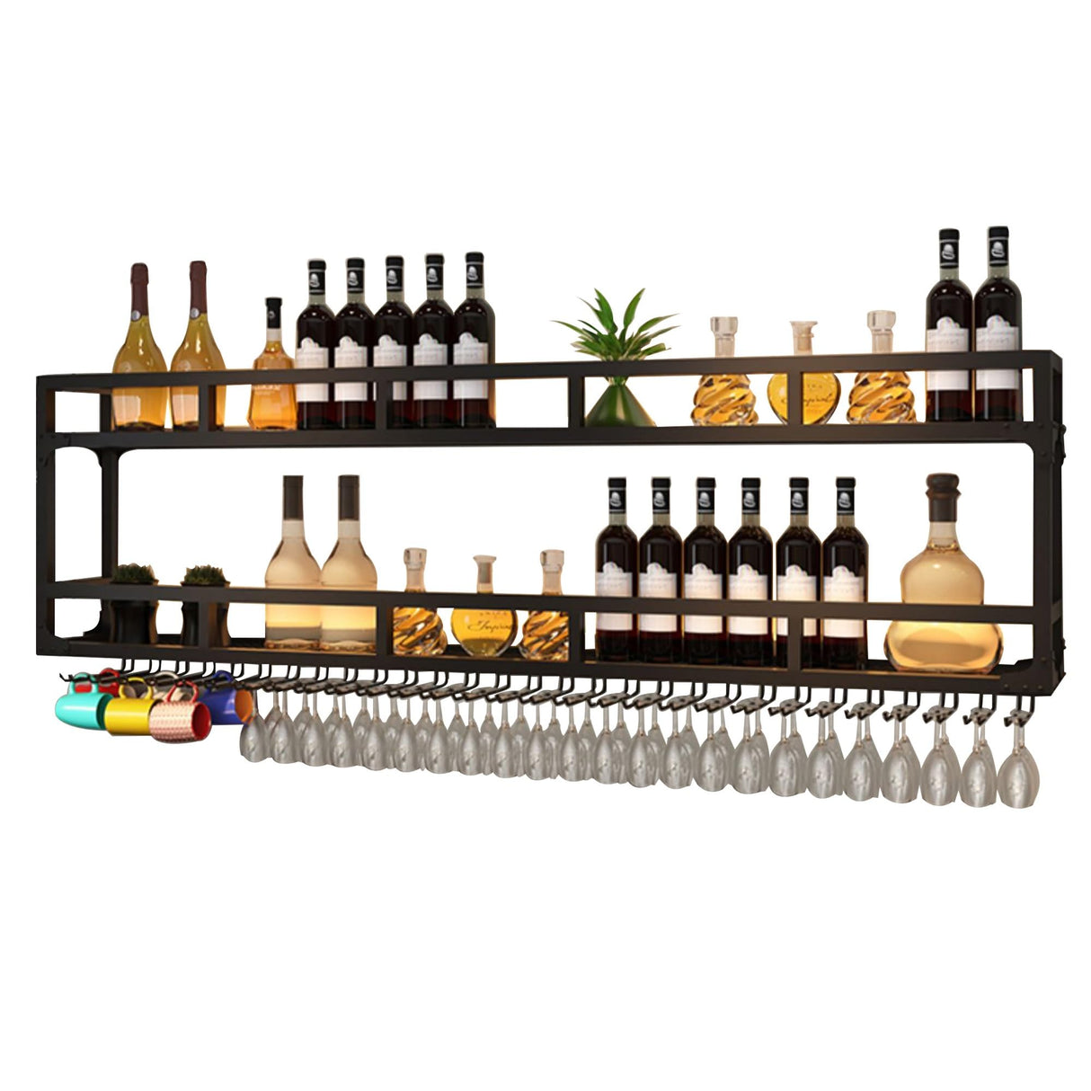 Wall Wine Rack Floating Bar Shelves Wall Mounted with LED Light Liquor Bottle Display Shelf with Hanging Wine Glass Rack Kitchen Wall Shelf Liquor Cabinet Bar Stand for Home Bar Cafe Restaurant(Black, WXZXWXZX