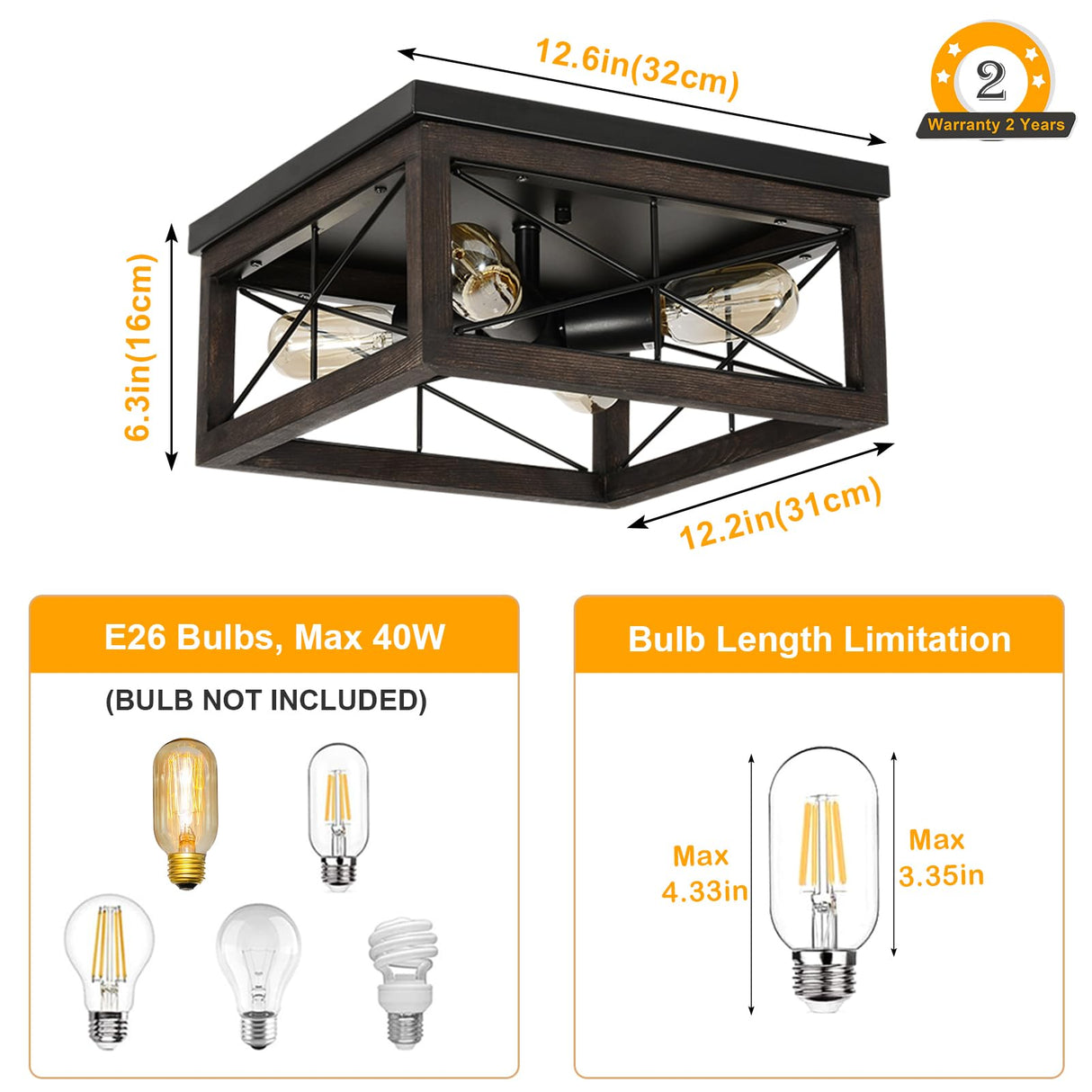 eyassi Wooden Flush Mount Ceiling Light, 4-Light Rustic Farmhouse Light Fixtures, Industrial Square Ceiling Light Fixture with E26 Socket for Kitchen Entryway Living Room Dining Room Bedroom eyassi
