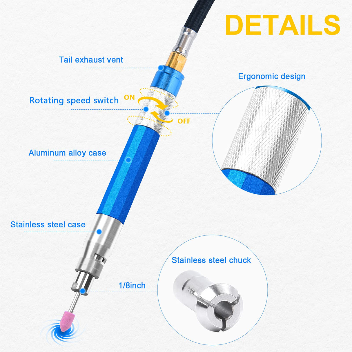 YON.SOU. 18Pcs Pencil Die Grinder Air Tool 1/8" Pneumatic Engraving Pen 70,000 RPM Air Micro Pencil Grinder Kit YON.SOU.