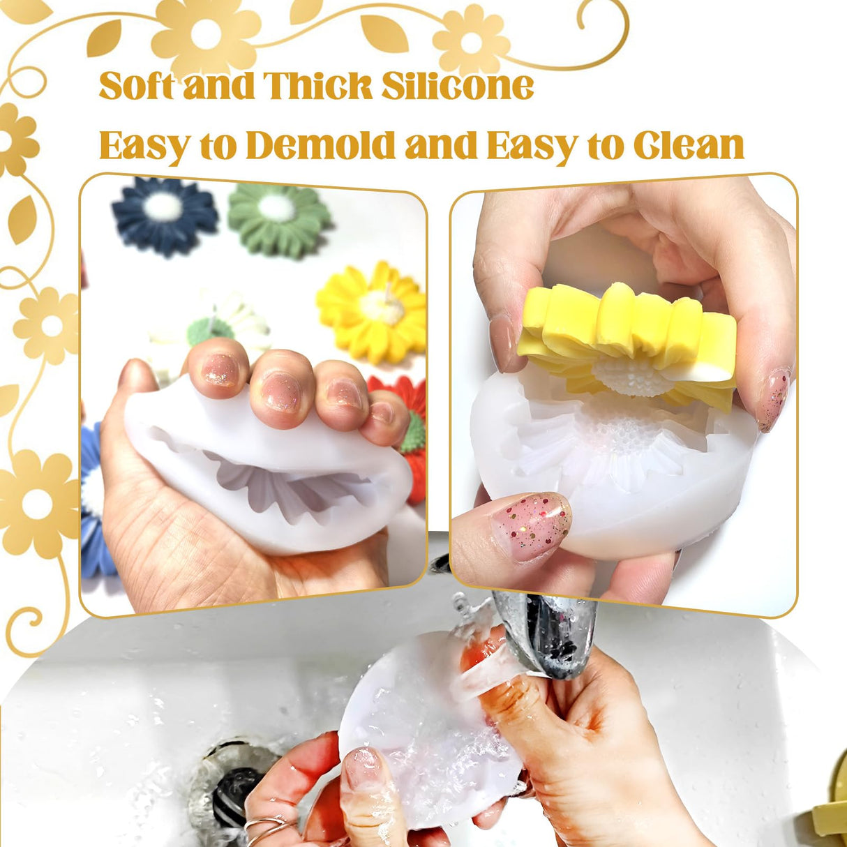 4 PCS Daisy Flower Silicone Molds for Candles, 3D Flower Candle Mold Silicone Daisy DIY Soap Wax Epoxy Resin Plaster Concrete Casting Polymer Clay Craft, Chocolate Fondant Cake Topper Decoration Mold Keromtein