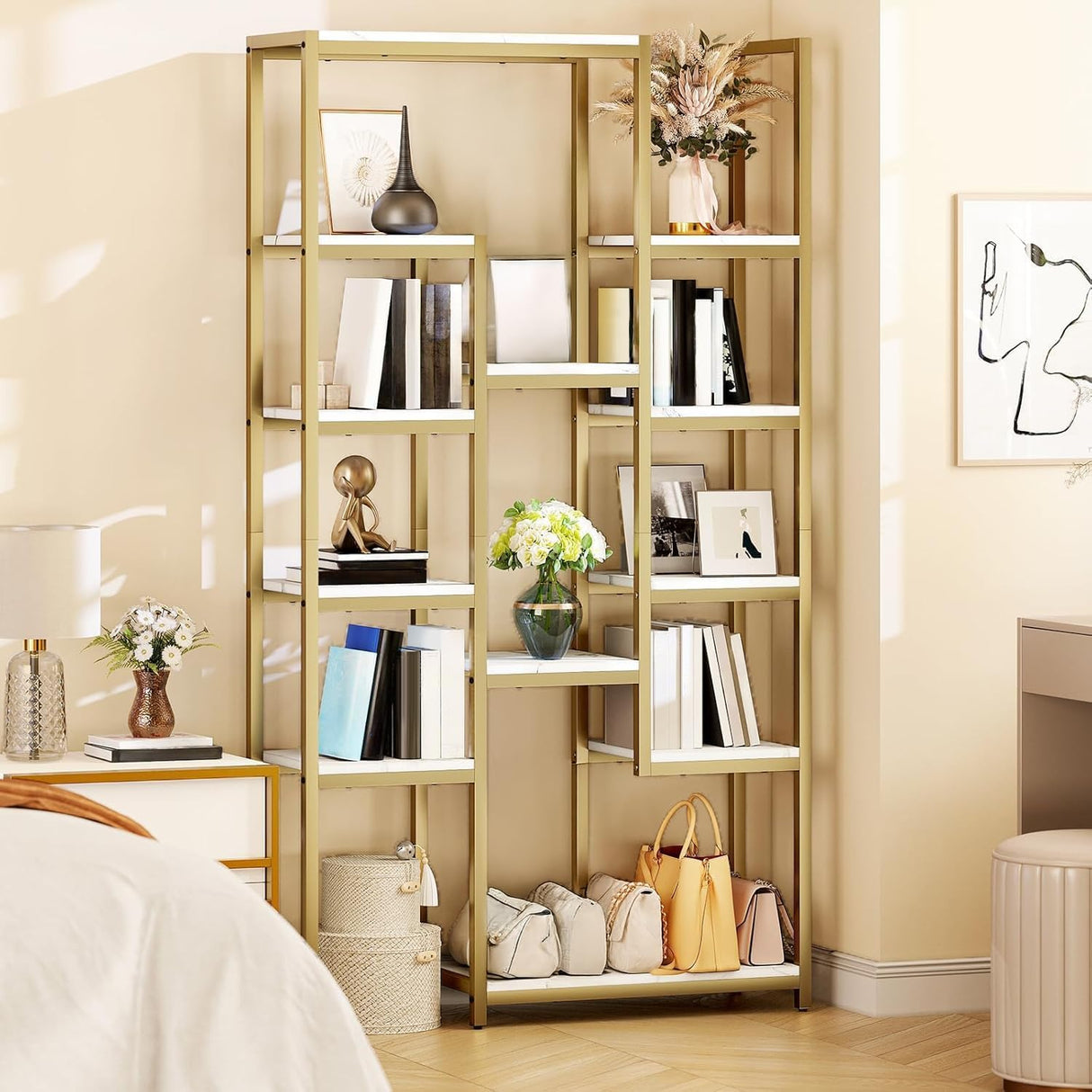 YITAHOME 6 Tier Gold Bookshelf, 71 Tall Modern Free Standing Bookshelf with 12 Shelf Bookcase, Faux Marble Open Display Storage Book Shelves for Living Room Bedroom Office Home, Gold & Marble YITAHOME