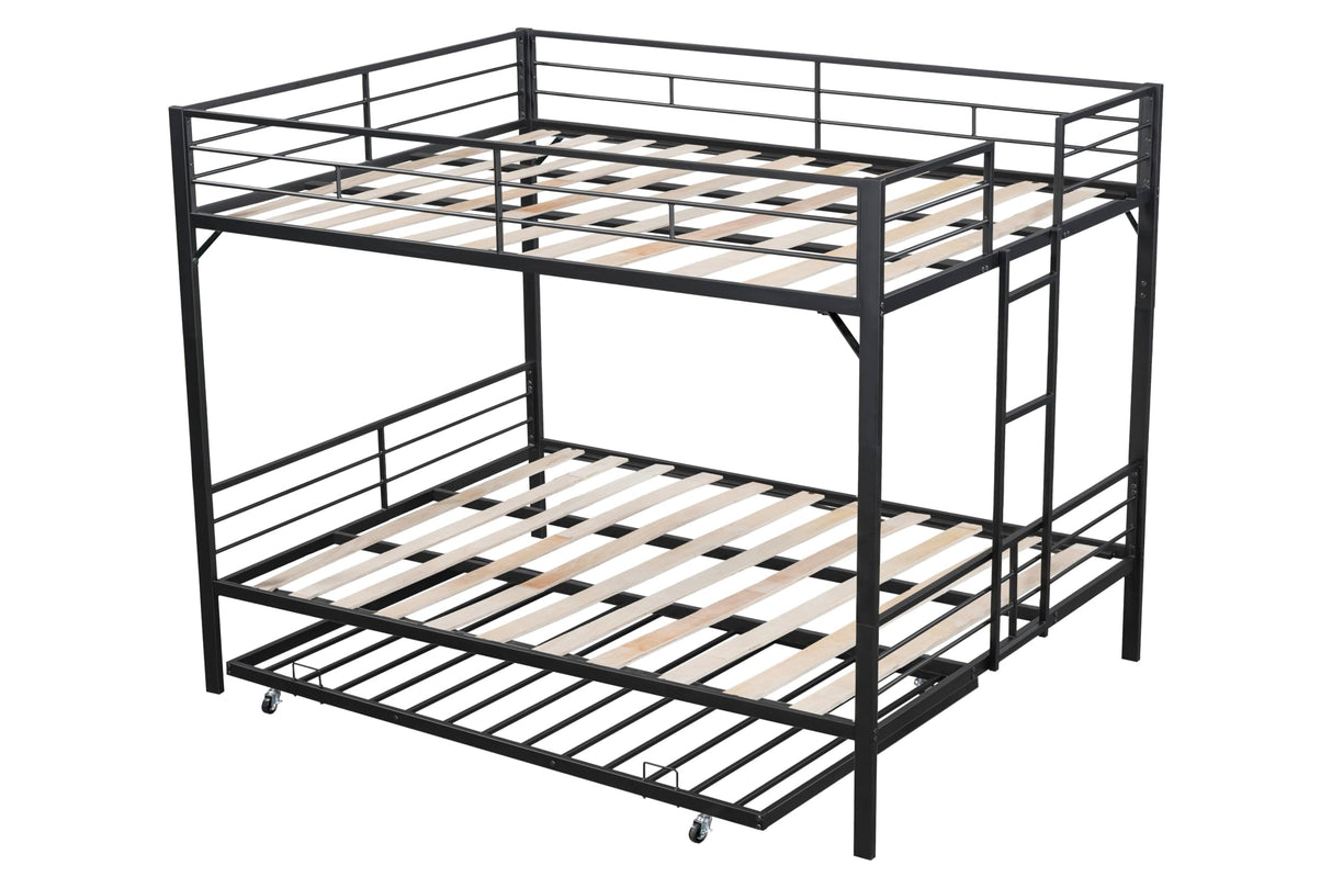 PVWIIK King Over King Bunk Bed with Trundle and Ladder for Kids,Adult,Teenagers,Heavy Duty Metal Bunk Bed w/Full Length Guardrail for Dorm,Bedroom,Guest Room,No Box Spring Needed,Black PVWIIK