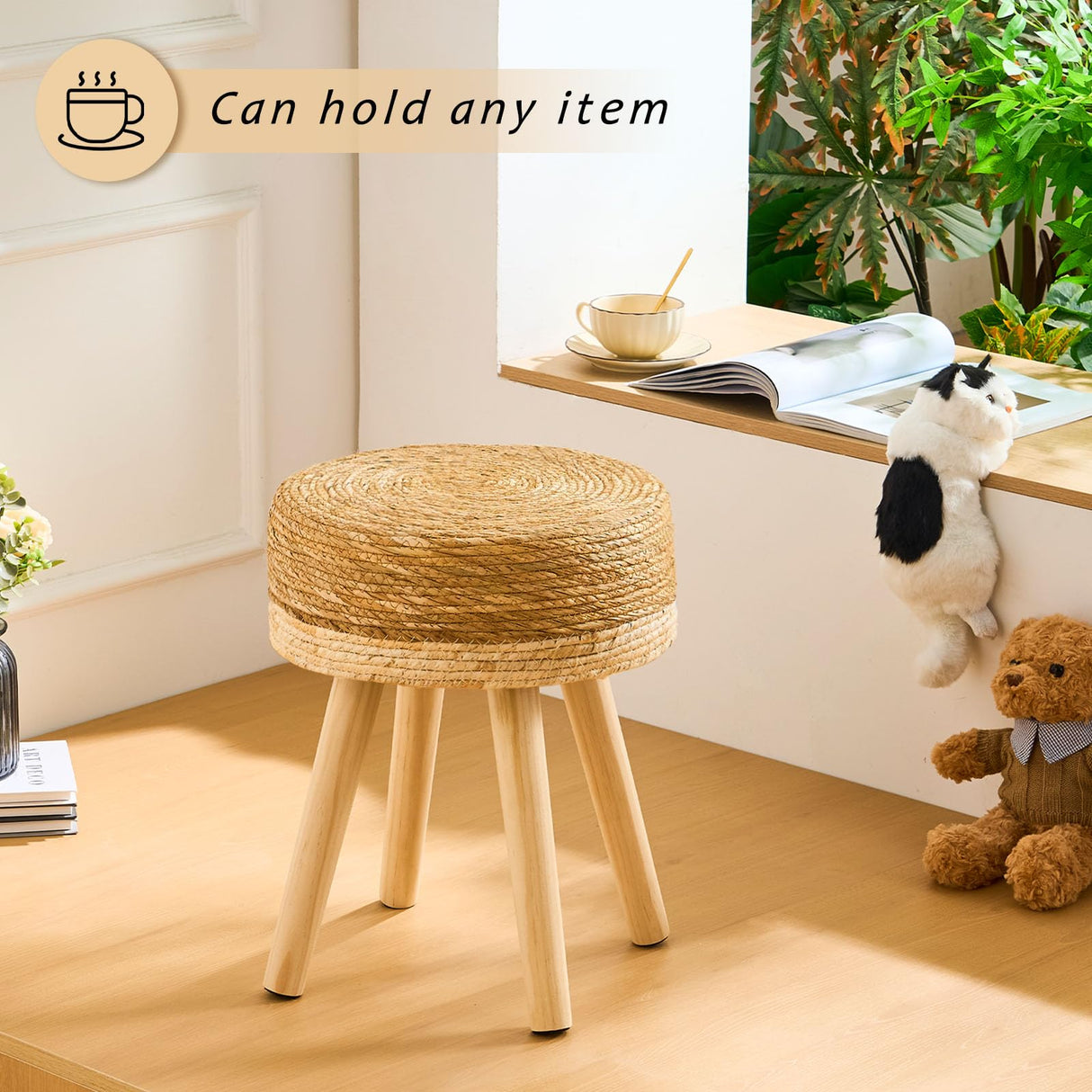 LGENHOOM Handwoven Outdoor Ottoman, Water Hyacinth Pouf Round Patio Footstool with Wood Legs, 17-Inch Multipurpose Vanity Stool, Dining Chair, Patio Footrest for Balcony and Garden, White LGENHOOM