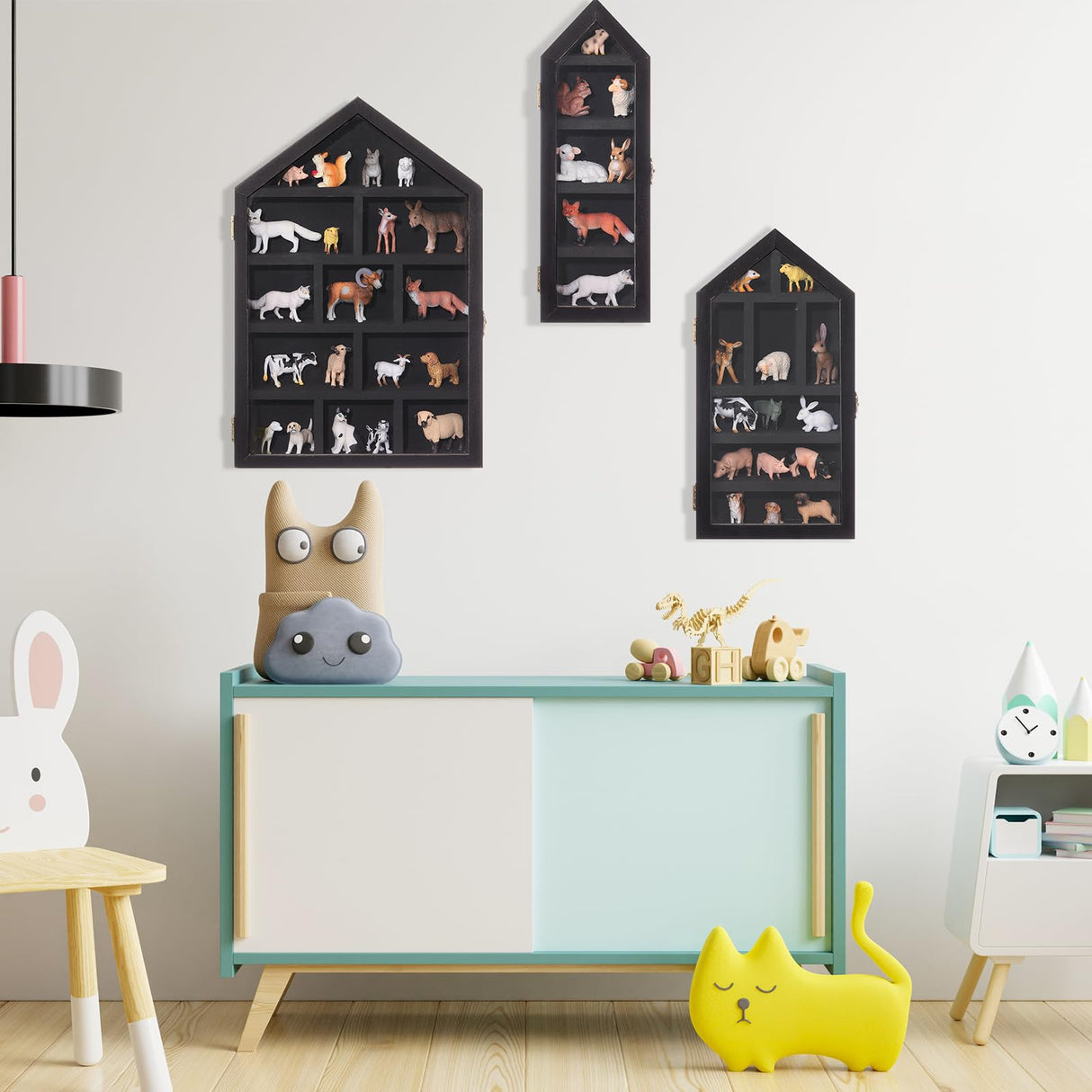 DoubleFill Set of 3 Shadow Cubby Boxes Wooden House Shaped Display Shelf 10 x 15 Inch Large Wall Mounted Display Storage Shelves for Mini Figures Curio Trinket Medals Crafts Collections(Black) DoubleFill