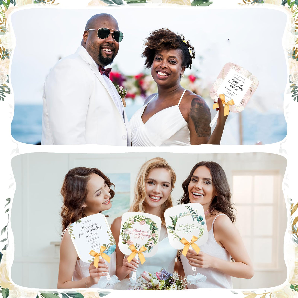 Vercraft Sublimation Fans Blank Bulk Fans Handheld Set Double Sided Sublimation Fans Includes Blank White Cardstock Handle Sticks Gold Bow for Wedding Baby Shower Party Supplies DIY(25 Pcs) Vercraft