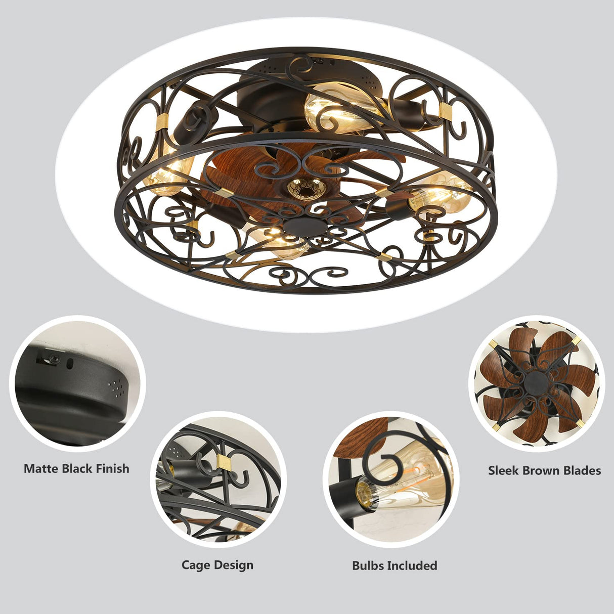 XUDOM 20" Caged Ceiling Fans with Lights and Remote, Bladeless Ceiling Fan 6 Speed Reversible with 4 Bulbs and Remote Control,Flush Mount Caged Ceiling Fan for Bedroom, Living Room, (Include Bulbs) XUDOM