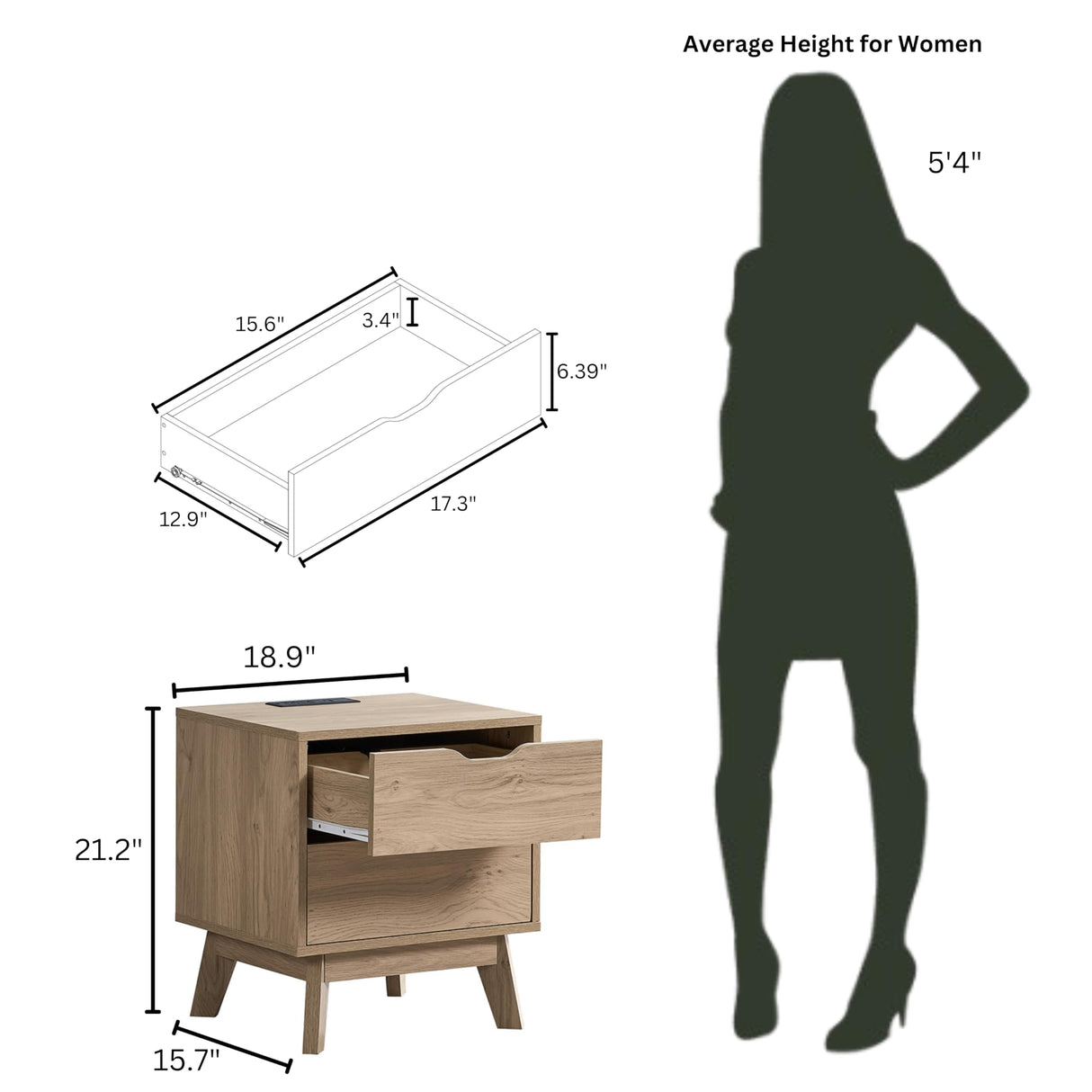 ELISA HOME Nordica 2 Drawer Nightstand with Charging Station, Drawer Slide Pre-Assembly, Nightstand for Bedroom, End Table, Sofa Side Table for Living Room, 15.7" D x 18.9" W x 21.2" H, Natural Oak ELISA HOME