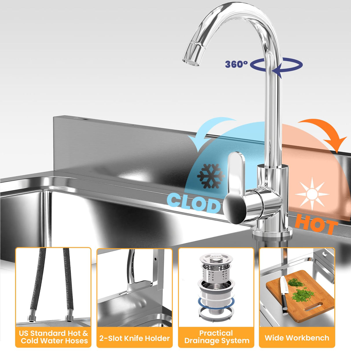 Toemics 39'' Stainless Steel Utility Sink, Free Standing Commercial Single Bowl Sink with Left Drawer & Shelves & Cold and Hot Water Pipe, Indoor and Outdoor Sink for Laundry Room, Garage, Kitchen Toemics