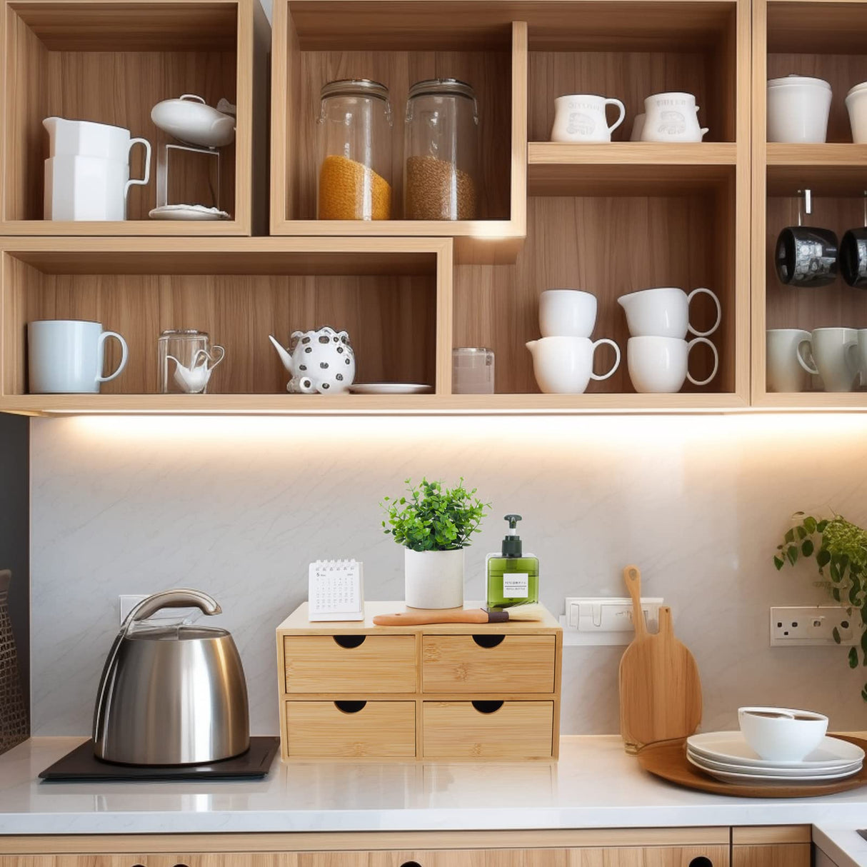 Bamboo Desk Organizer 4 Drawers, Countertop Organizer with Drawers Makeup Storage Drawer 4 Drawers Tabletop Storage Organization Box Home Office Workspace Charmewooden