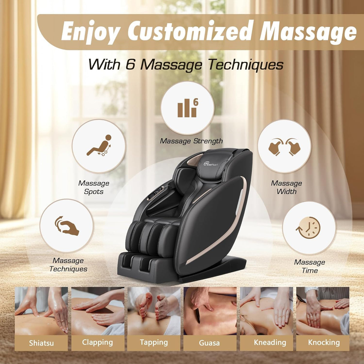 EASPEARL 2025 Massage Chair Full Body,SL-Track Zero Gravity Massage with Heat,APP Control,Airbags,Bluetooth Speaker,12 Auto Modes,3-Row Foot Rollers,Body Scan(Black) EASPEARL