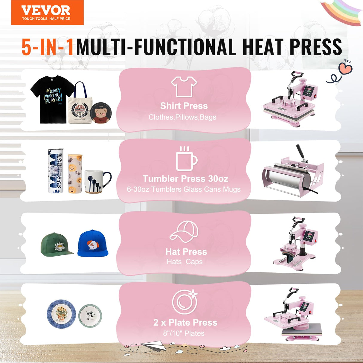 VEVOR Heat Press Machine 5 in 1 Combo with 30 OZ Tumbler Press & Hat Press, Slide Out 12x15 Inch Heat Press Sublimation Machine for T-Shirts, Hats Caps Tumblers Glass Cans Mugs, and Plates (Pink) VEVOR