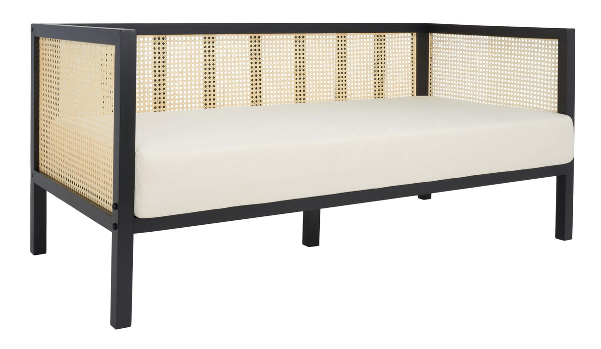 SAFAVIEH Home Collection Dune Coastal Black Rattan 3-Seater Sofa with White Cushion SAFAVIEH