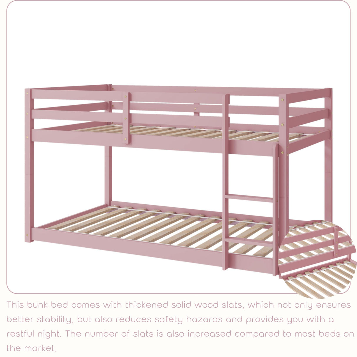 Harper & Bright Designs Low Bunk Beds Twin Over Twin Wood Twin Bunk Bed Frame with Safety Rail Ladder for Kids Bedroom Twin Floor Bunk Bed for Boys Girls Teens, Pink Harper & Bright Designs