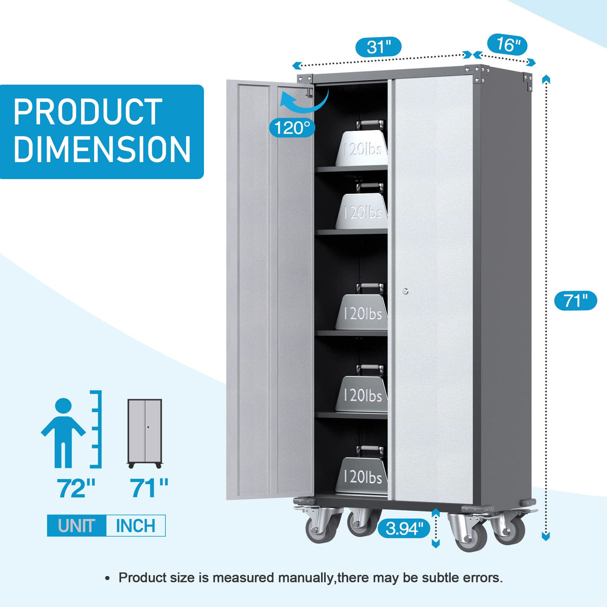 Waqiv Rolling Garage Storage Cabinet with Locking Door and Shelves, 71''H Lockable Metal Storage Cabinet on Wheels, Steel Tool Cabinet for Warehouse, Basement, Utility Room, Black&Gray Waqiv