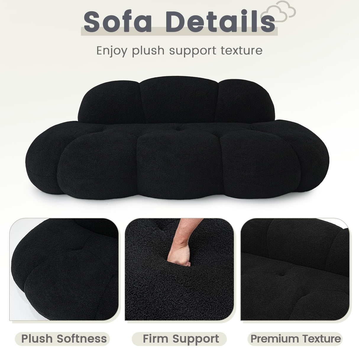 90" Modern Curved Cloud Shaped Couch for Living Room,Lazy Floor Couch, Boucle LoveSeat 3 Seater Sofa, Cozy Leisure Boneless Couches for Bedroom, Apartment-No Assembly Required (Black) WJShome
