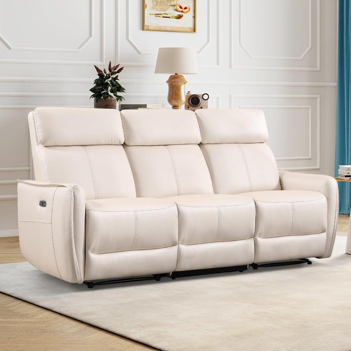 EBELLO Faux Leather Power Reclining 3 Seat Sofa Couch, Electric Recliner Sofa with USB and Type-C Charging Ports,Metal Base, 3 Seats for Small Living Room,Beige EBELLO