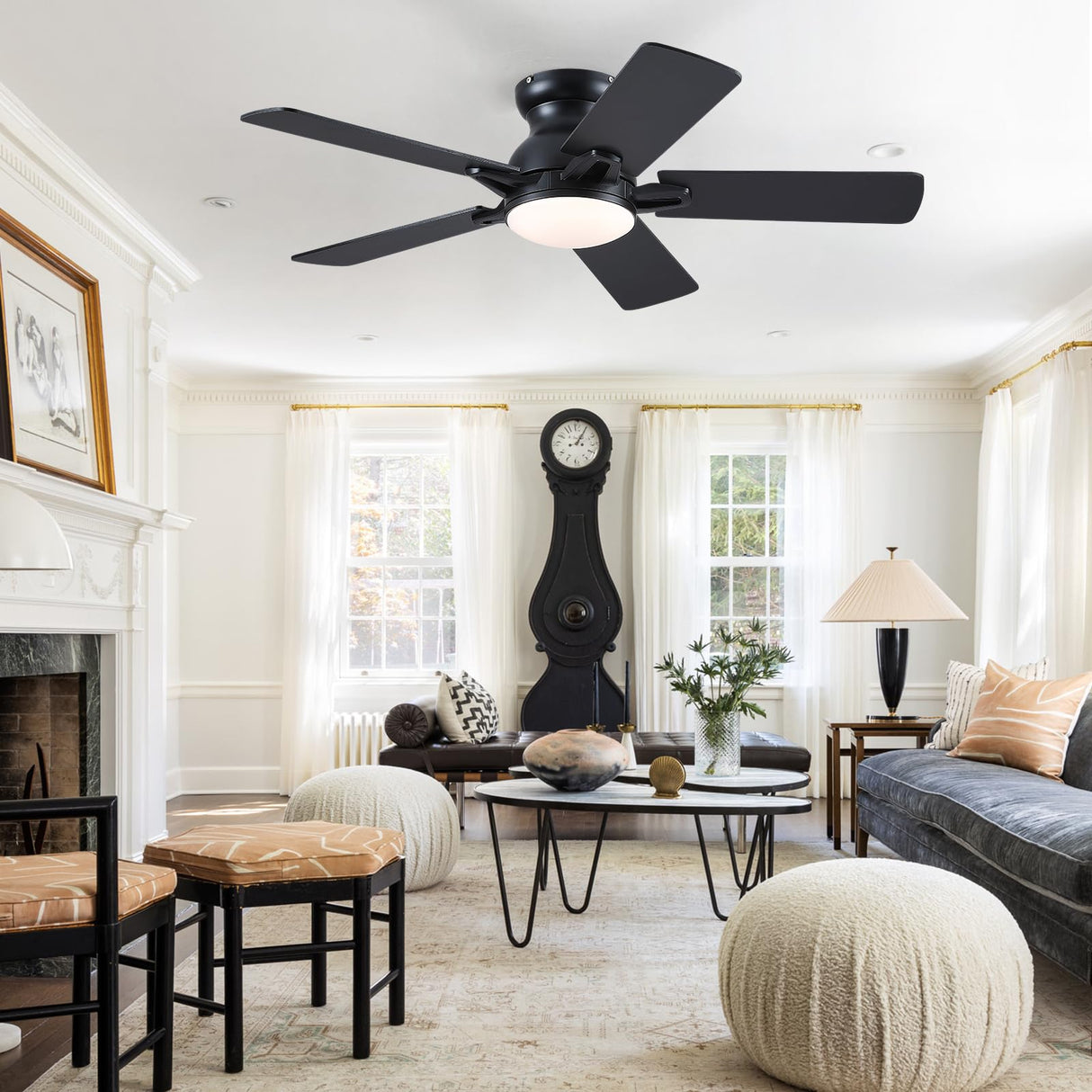 CHESUR 48In Ceiling Fans with Lights Flush Mount - Black Low Profile Ceiling Fan with 5 Dual-Sided Blades, Reversible and 6 Speeds, Indoor/Outdoor Ceiling Fan for Modern Living Room, Bedroom, Patios CHESUR