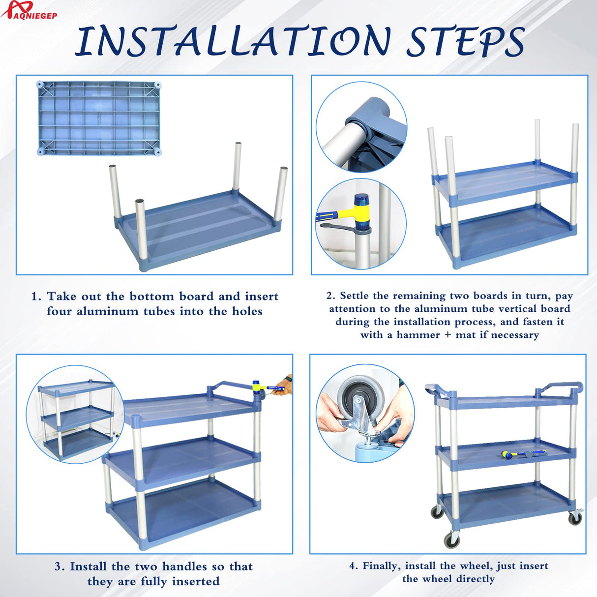 AQNIEGEP Utility Carts with Wheels Rolling Cart Commercial Kitchen Cart Large Food Service Cart Heavy Duty, 600 Lbs Load Capacity, Lockable Wheels, Rubber Hammers AQNIEGEP