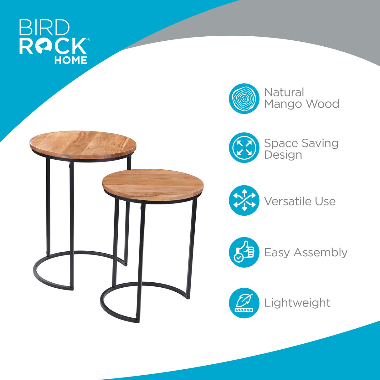 BIRDROCK HOME Wooden Nesting Side Tables - Mid Century Modern Stackable Coffee Table - Space-Saving Wooden End Table for Living Room, Bedroom, Centerpiece, Office, Balcony - Natural Mango Wood - 2 Set BIRDROCK HOME