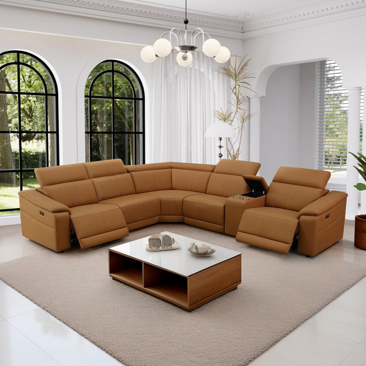 GEBADOL Power Recliner Sectional Sofa, L-Shaped Living Room Furniture Set, Light Brown Leather Sofa, Reclining Sectional Couch with Storage Console/Cup Holder for Living Room/House/Apt GEBADOL