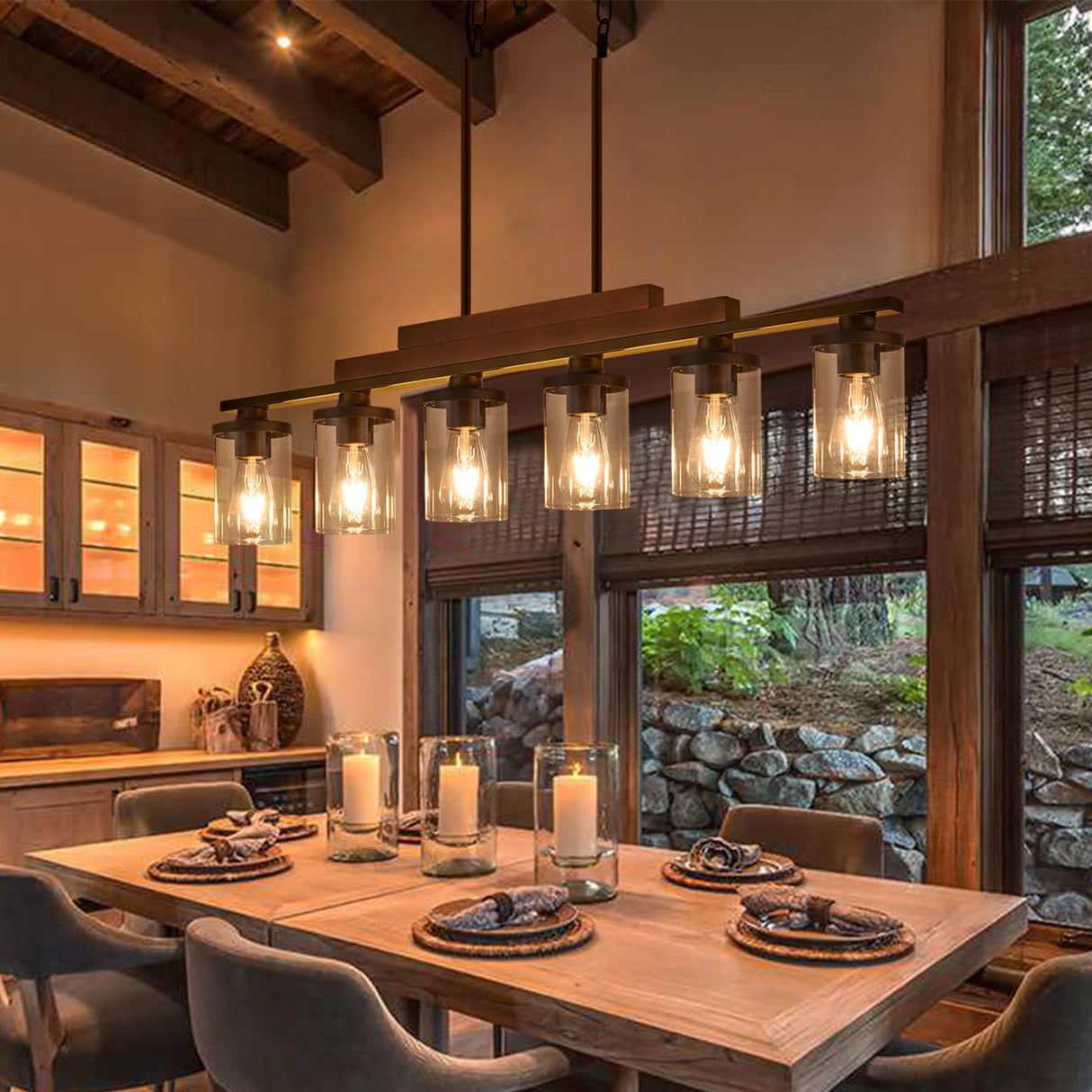 Farmhouse Chandelier 6-Light Dining Room Light Fixture Over Table Kitchen Island Lighting Rustic Chandeliers for Dining Light with Glass Shade Wood Pendant Lights Kitchen Island TWIG