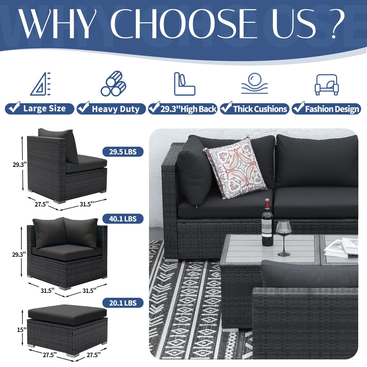 NICESOUL® 11 Piece Large Size PE Rattan Outdoor Patio Furniture Sectional Sofa Sets with Side Tables Outdoor Wicker Conversation Sets Modern Luxury 29.3'' High Back Dark Gray NICESOUL