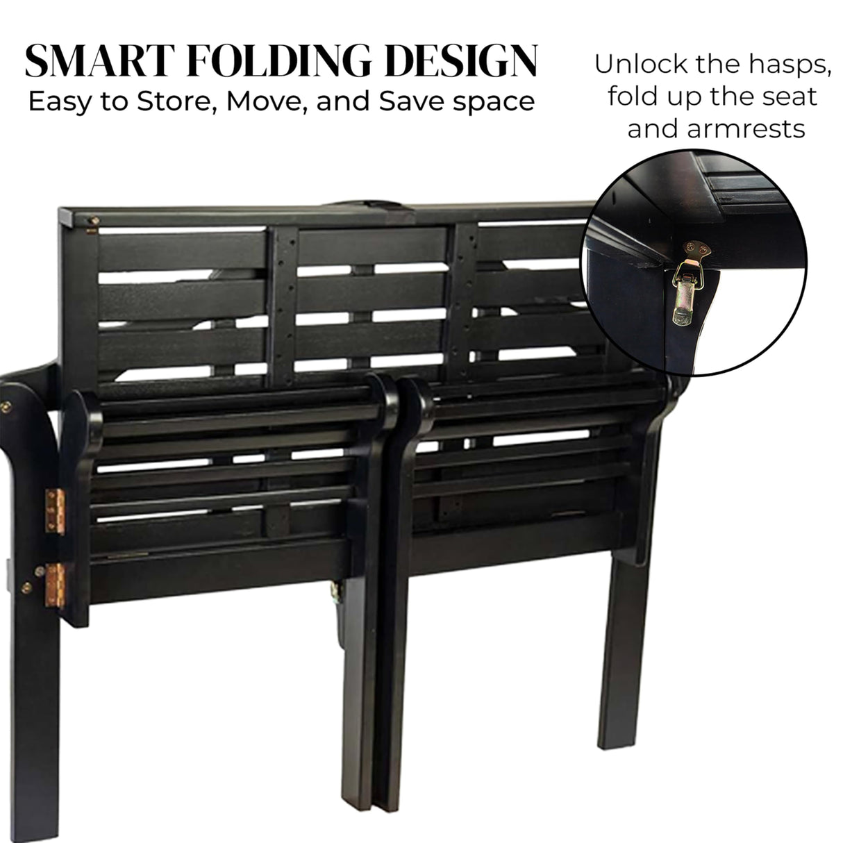 Plow & Hearth Weatherproof Lutyens Eucalyptus Wood Garden Bench | Foldable Patio Bench | Outdoor Furniture Seating for Porch Park Deck | Black Plow & Hearth