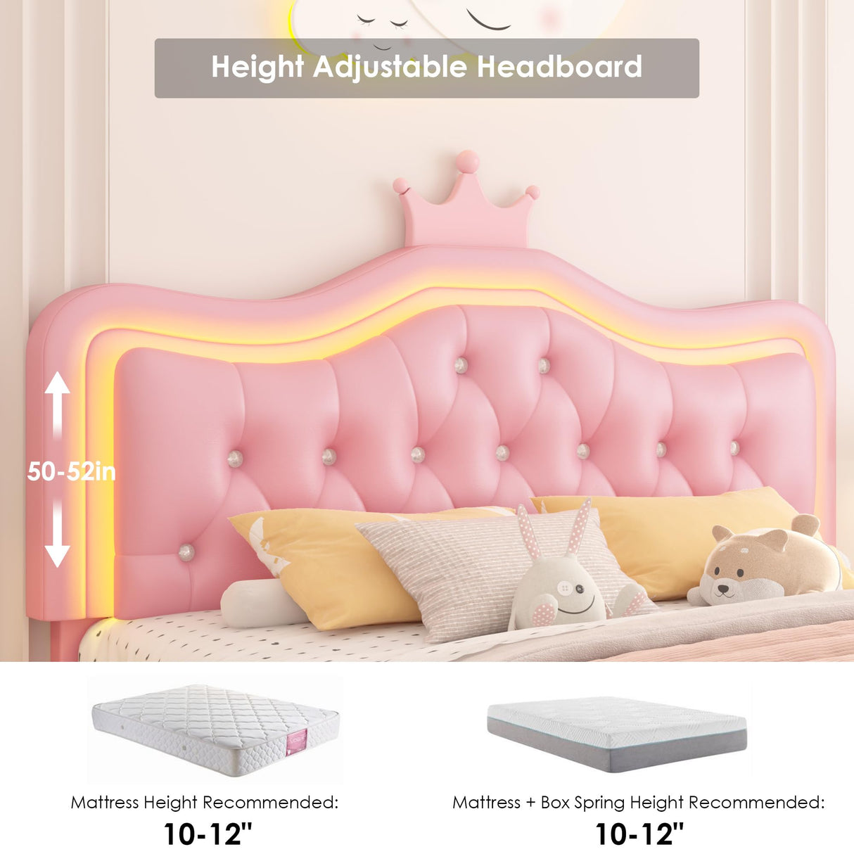 Keyluv Pink LED Upholstered Crown Bed Frame with Storage Drawer and Adjustable Headboard Keyluv