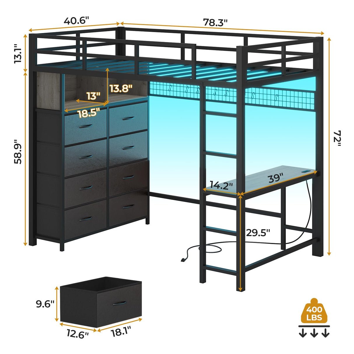 ADORNEVE Twin Size Loft Bed with Desk and 8 Storage Drawers, Metal Loft Bed Twin with LED Lights & Charging Sation, Storage Shelves, 13.1" H Safety Guard & Ladder, No Box Spring Needed, Grey ADORNEVE