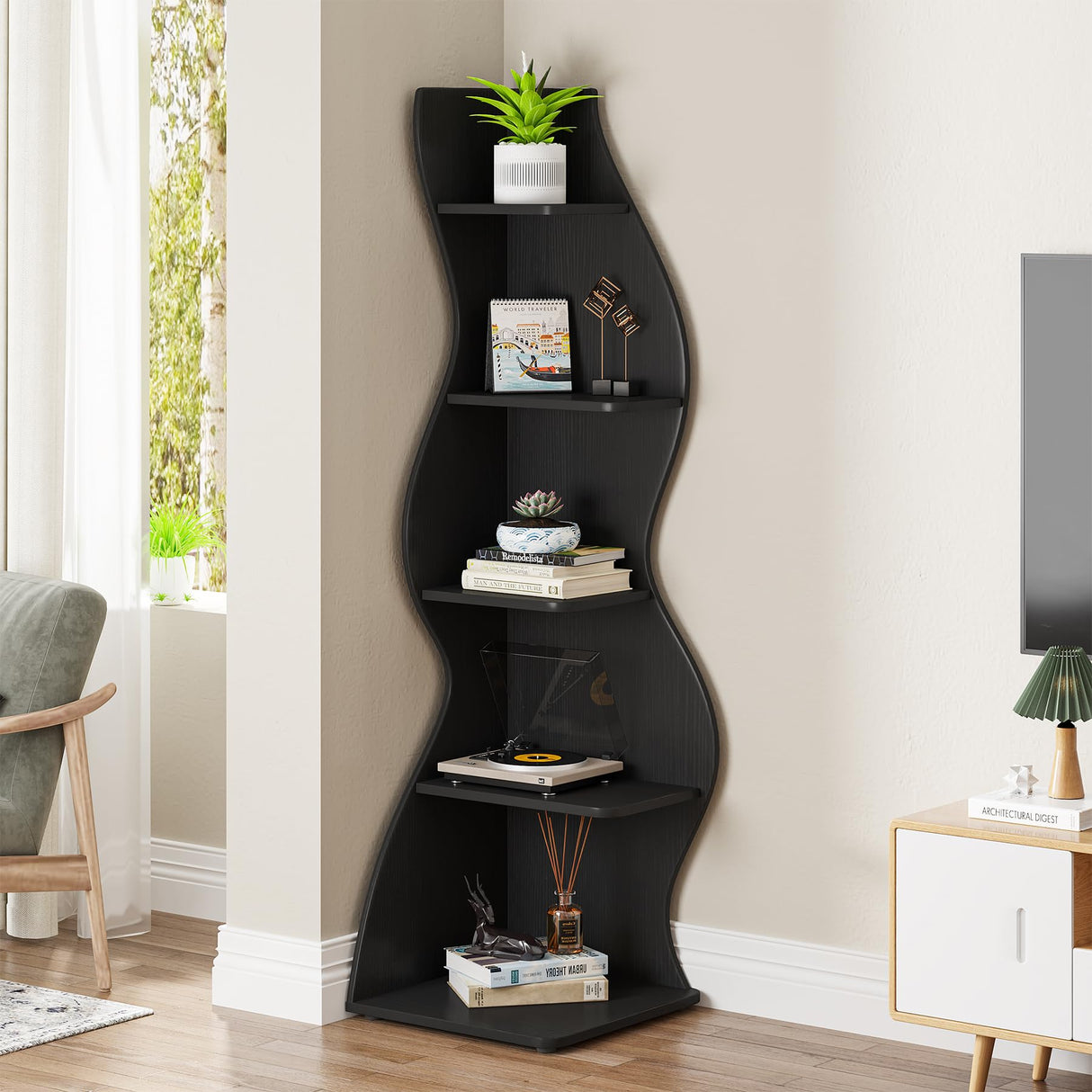 Tribesigns Corner Shelf, Modern 5-Tier Wall Corner Bookshelf, Stylish Corner Small Bookcase Storage Rack Plant Stand with Unique Shape for Living Room, Home Office, (1PC, Black) Tribesigns
