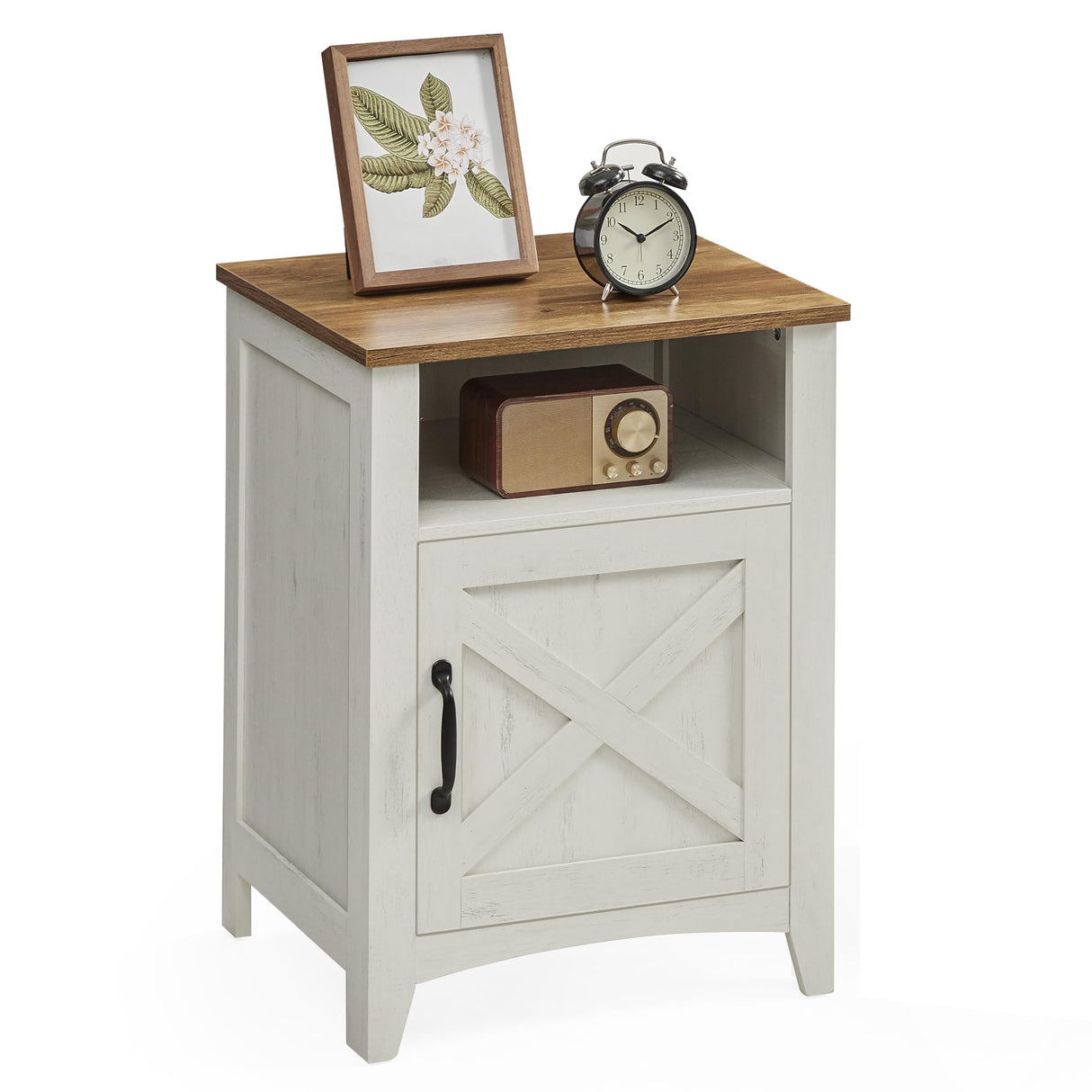 VASAGLE LIRY Collection - Farmhouse Nightstand with Barn Door, Bedside Table with Storage, Side End Table, Night Stand, Open Compartment, for Bedroom, Rustic White and Honey Brown ULET609K41 VASAGLE