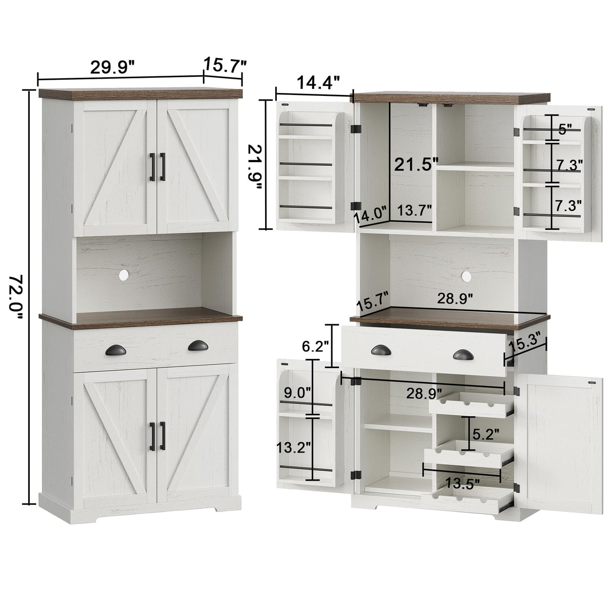 ChooChoo 72" Pantry Cabinet with Storage Drawers, Farmhouse Kitchen Hutch Bar Cabinet with Microwave Stand, Kitchen Cupboard with Door Shelves for Dining Room, Living Room, Antique White & Brown ChooChoo