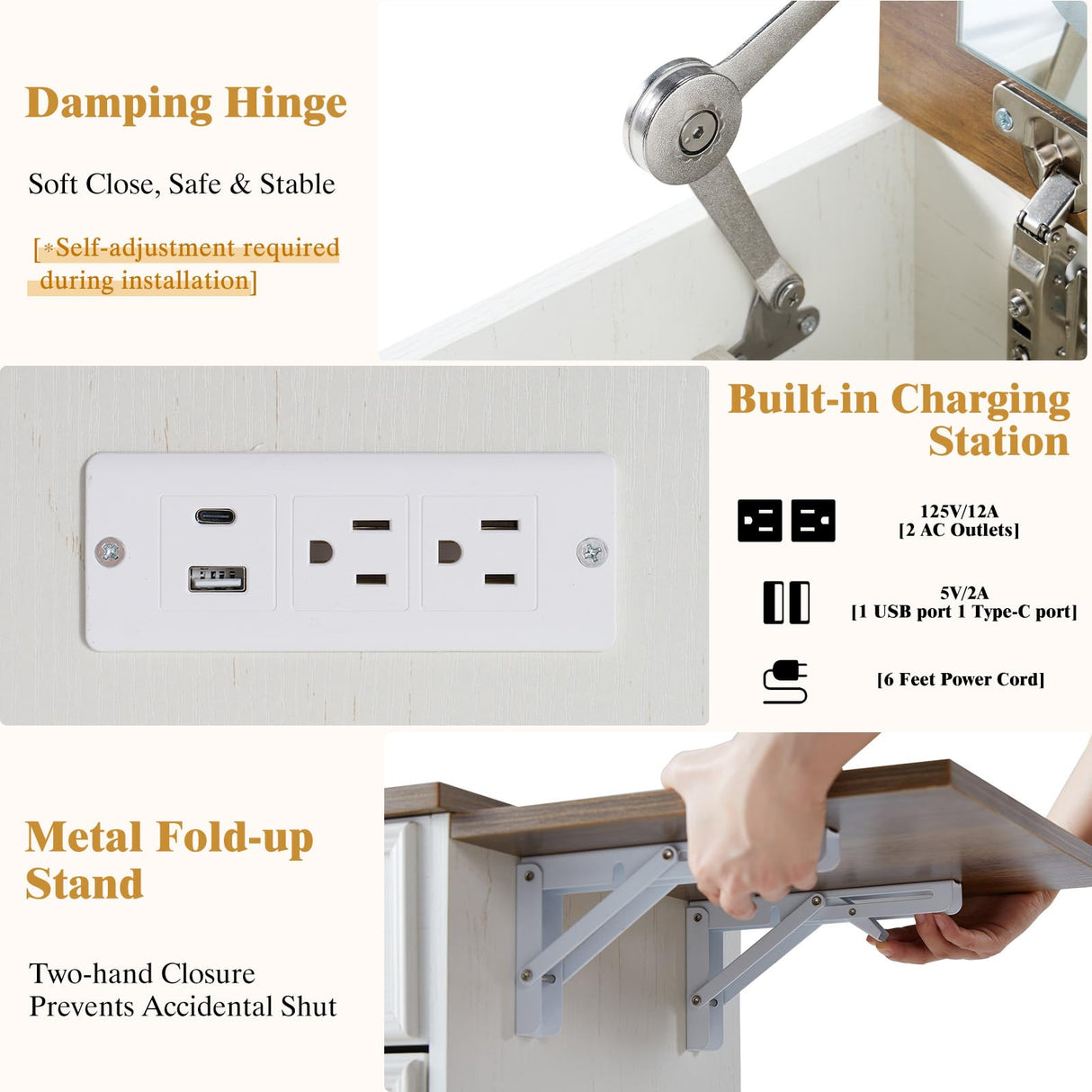 LUXOAK 3-in-1 Vanity Set with LED Lighted Flip Top Mirror, Makeup Table with Fold-Up Panel, Hidden Stool, Charging Station, Small Vanity for Bedroom & Dressing Room, Rustic White LUXOAK