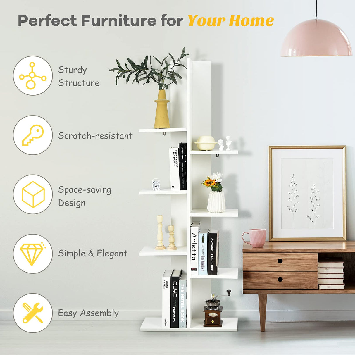 Tangkula 8 Shelf Bookshelf, Wood Tree Bookcase with 8 Book Shelf, 20 x 8 x 55.5 Inch, Freestanding 8 Tier Storage Display Shelf with Anti-toppling, Corner Shelf for Living Room Home Office (White) Tangkula
