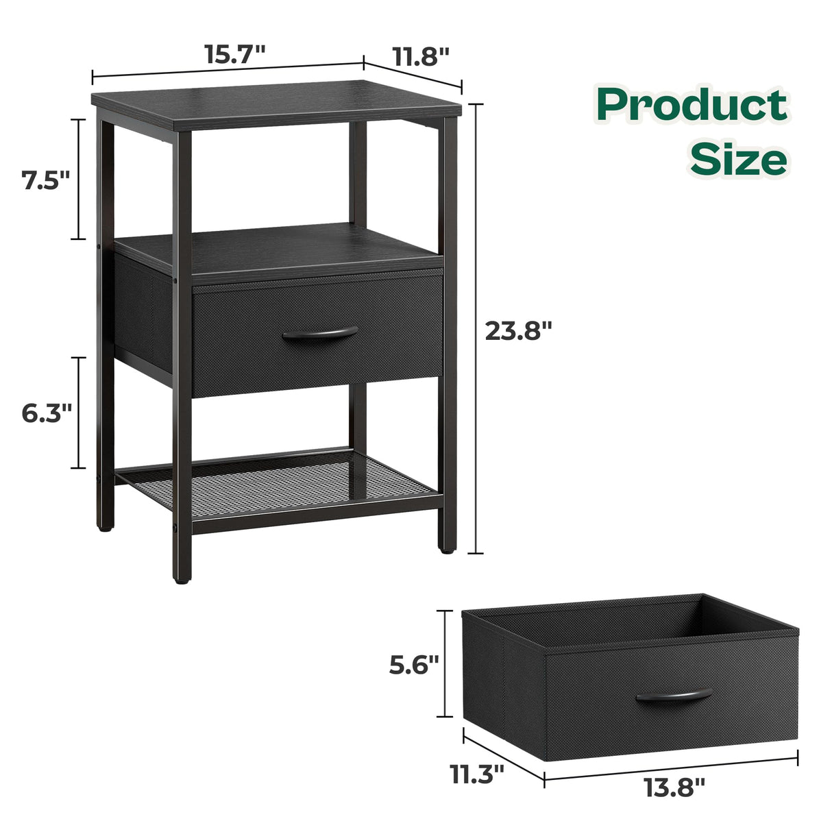 Huuger Nightstand Set of 2, Night Stand with Fabric Drawer, Mesh Shelf, Side Table with Storage, Fabric Drawer Dresser, Open Shelf, Metal Frame, Bedroom, Black Huuger