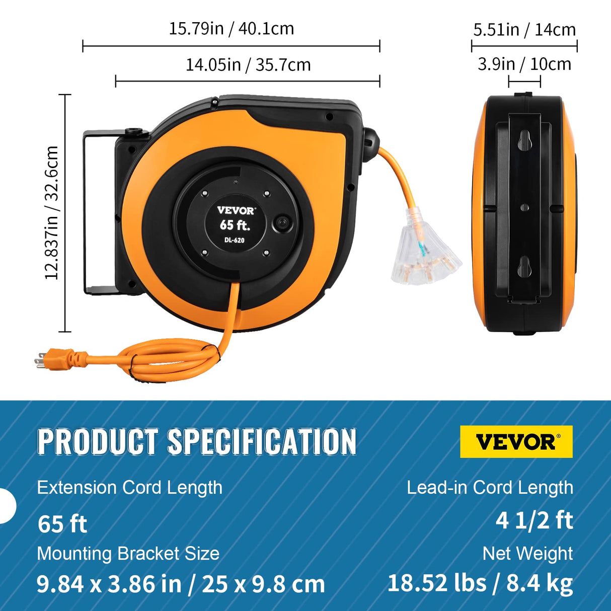 VEVOR Retractable Extension Cord Reel, 65 FT Heavy Duty 12AWG/3C SJTOW Power Cord, with Lighted Triple Tap Outlet, 15 Amp Circuit Breaker, 180° Swivel Bracket for Ceiling or Wall Mount VEVOR