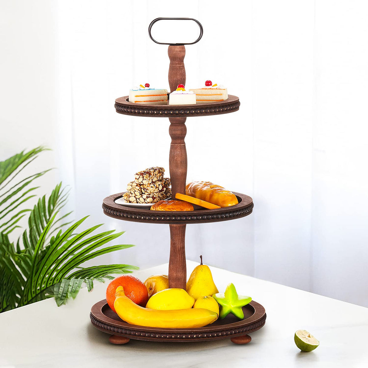 Urban Deco Wooden Tiered Tray 3-Tier Decorative Tray Stand Farmhouse Serving Tray, Round Wooden Cupcake Display Stand with Metal Handle, Brown Tiered Fruits Tray for Home Party Decorations Urban Deco