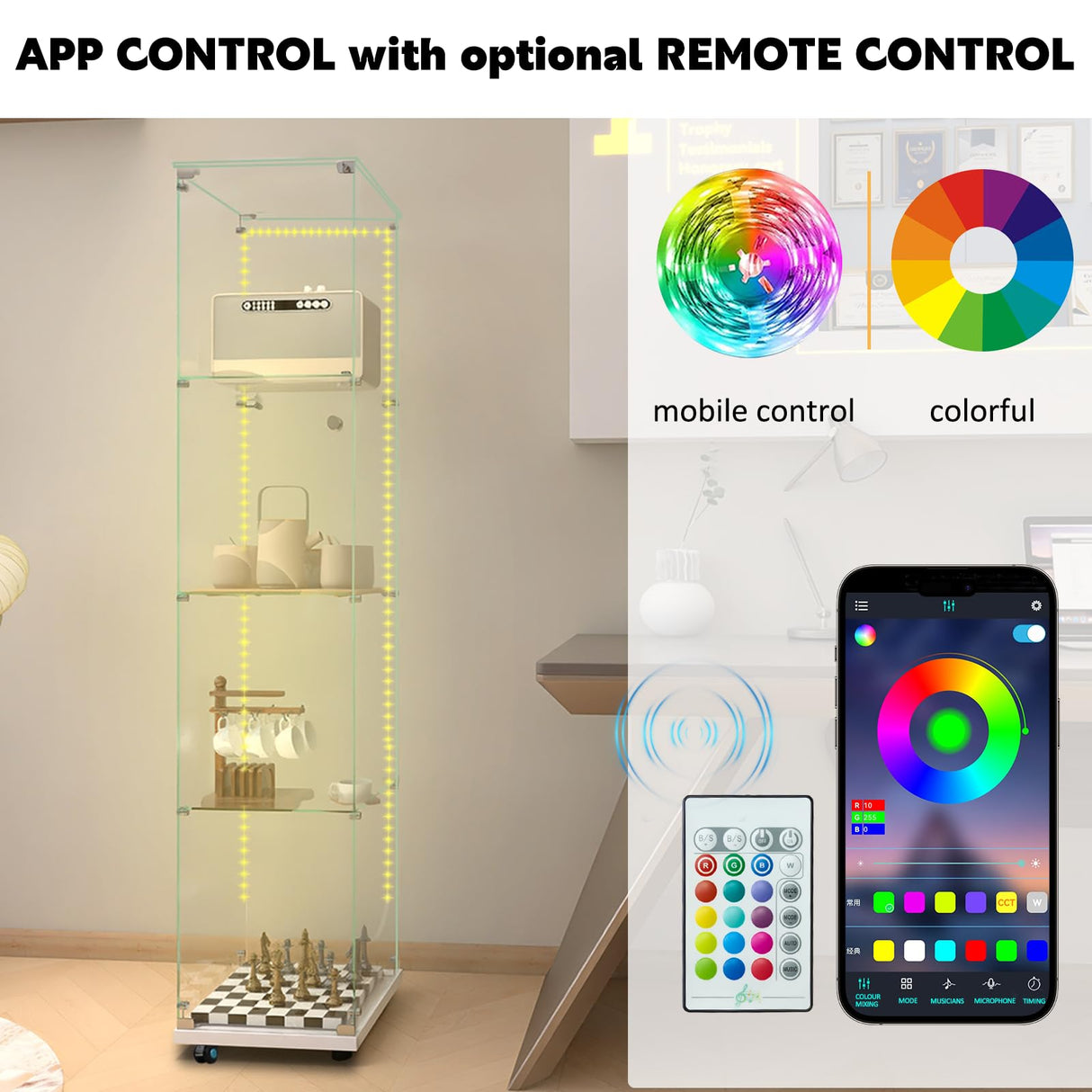 Buzleer Glass Display Cabinet with Lock LED Lighting 4-Tier 1-Door Full Vision Showcase Curio Cabinets Tempered Glass Display Case with Wheels for Living Room Bedroom Office, 65"*15.7"*13.6",White Buzleer