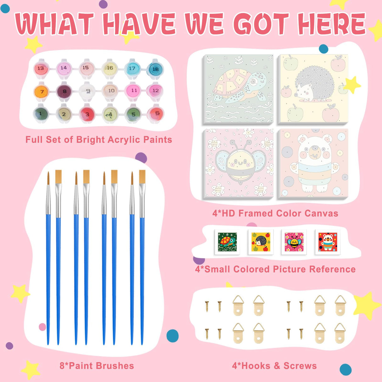 Framed 4 Pack Paint by Numbers Kit for Kids, Cartoon Paint by Number for Kids Ages 4-8 Easy Cute Animal Kids Paint by Number Kits Age 8-12, DIY Acrylic Oil Painting by Numbers for Kids 8x8 Inch Fountor