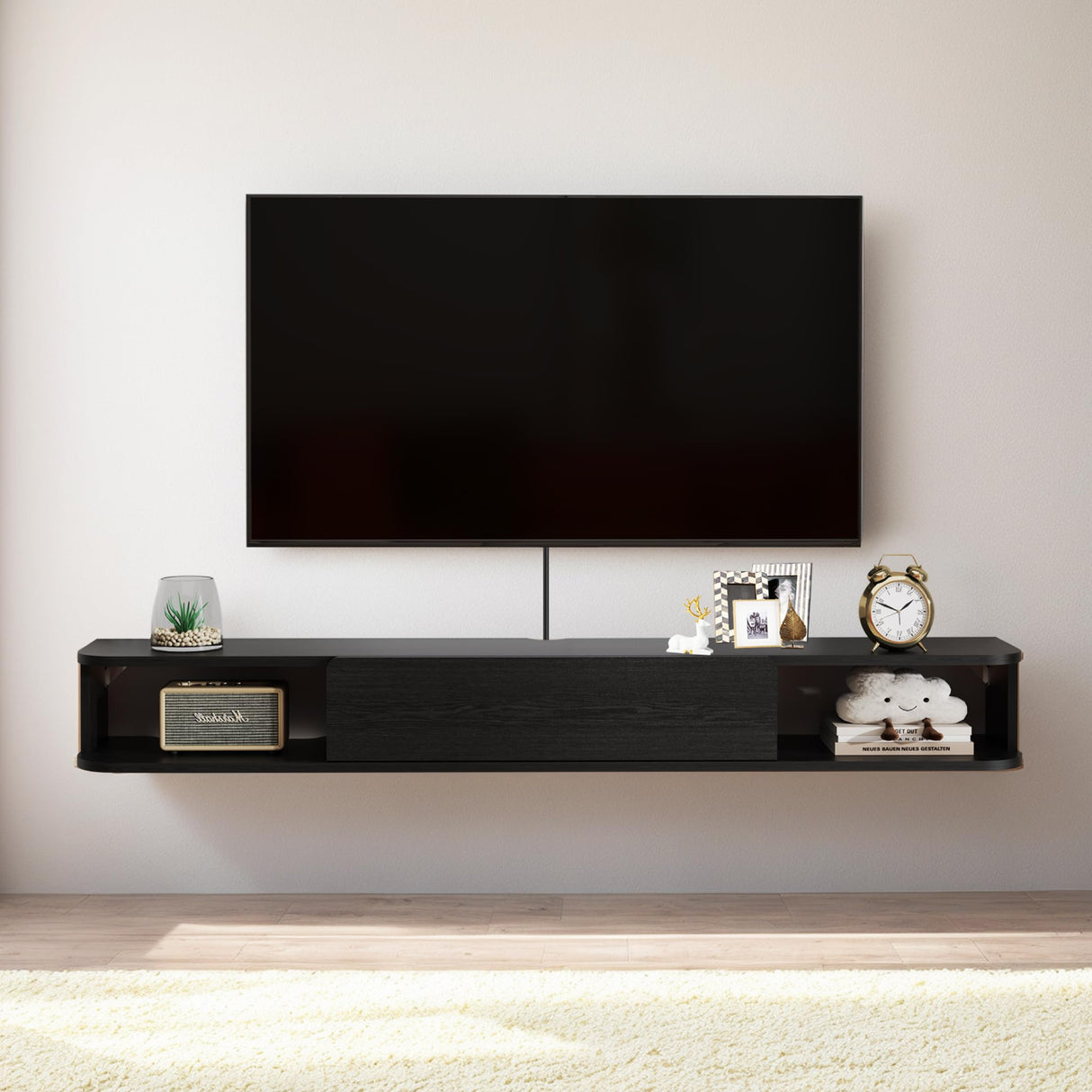 Pmnianhua Floating TV Stand with Drawer,59'' Wall-Mounted TV Cabinet,Floating TV Console,Under TV Entertainment Shelf with Storage for Bedroom Living Room(Black) Pmnianhua
