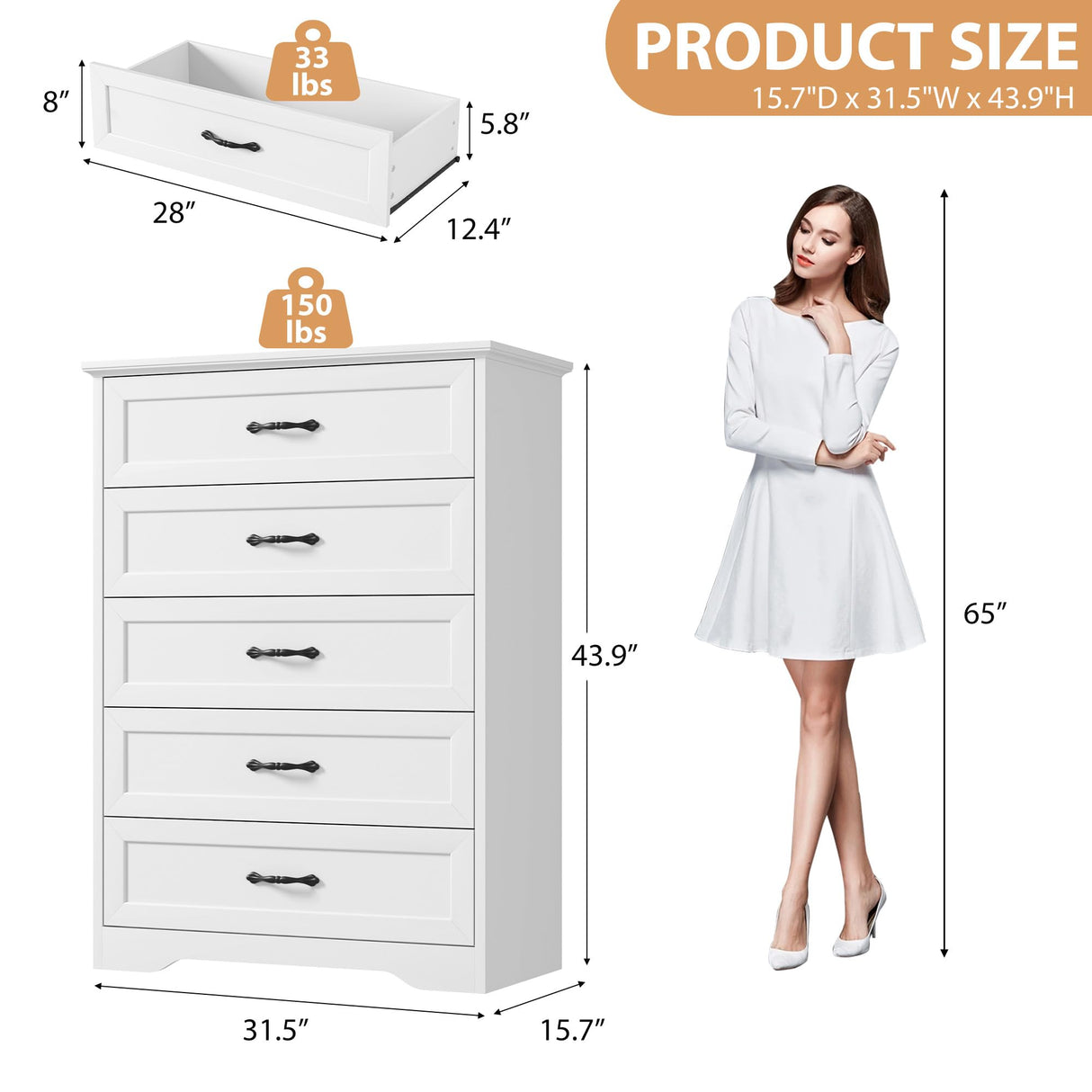 GarveeHome 5 Drawers Dresser for Bedroom,Chest of Drawers with Wide Metal Handle,Farmhouse Modern Wooden Tall Dresser,Natural Texture,Storage Organizer for Bedroom,Living Room,Kids Room(White) GarveeHome