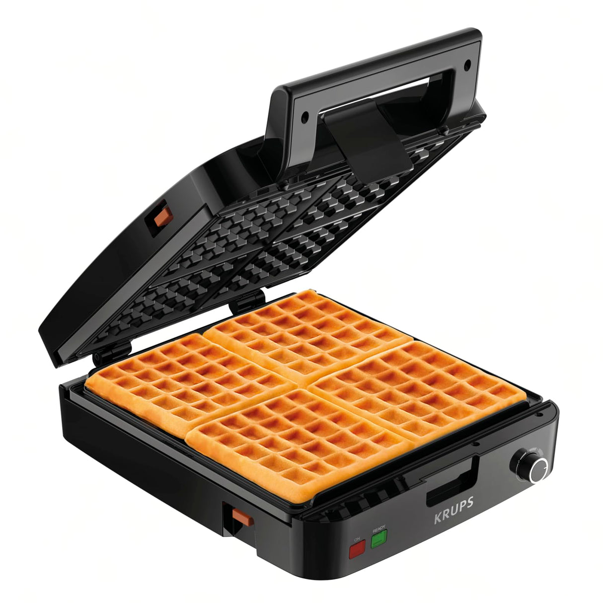 KRUPS 4-Slice Belgian Waffle Maker: Stainless Steel, 5 Browning Levels, Audible Ready Beep, Removable Plates, 1200W, Silver/Black - Perfect for Family Breakfasts KRUPS