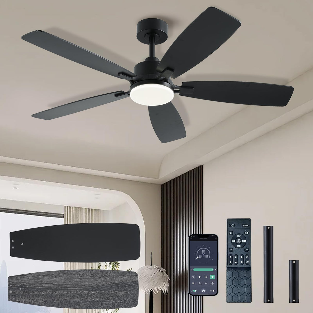 NKPU 52 Inch Ceiling Fans with Lights and Remote/App Control, Low Profile Ceiling Fan with 2 Downrods, DC Reversible, Dimmable, Dual-Sided Blades Modern Black Ceiling Fan for Bedroom Livingroom NKPU