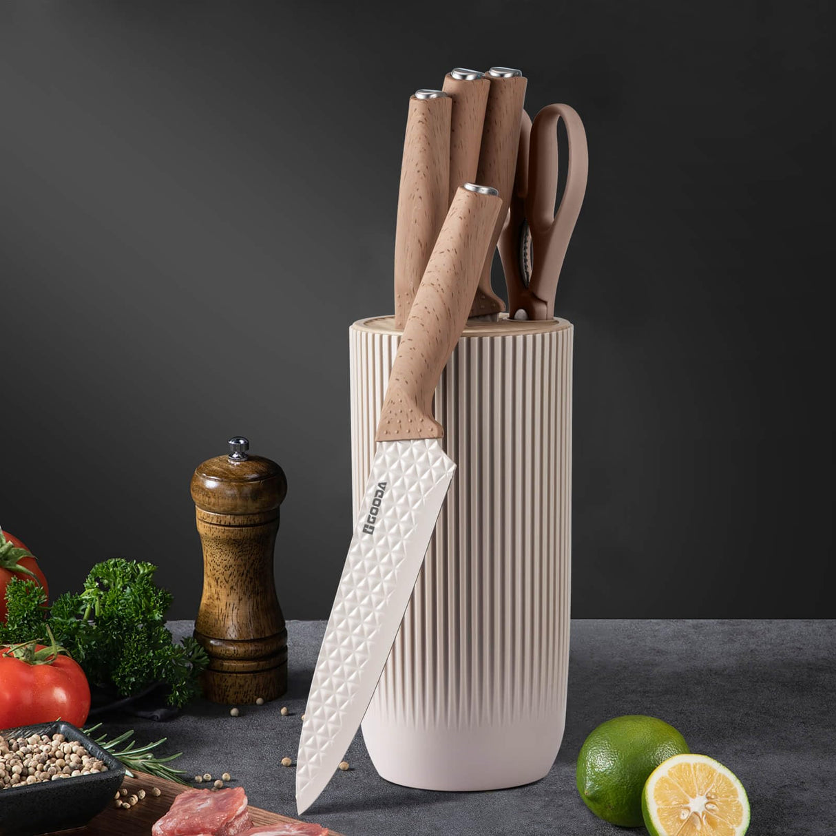 GOODA Kitchen Knife Set With Block,6-Piece Professional Chef Cooking Knives Set For Kitchen,Non-Stick Stainless Steel Knife Block Set (Khaki) GOODA
