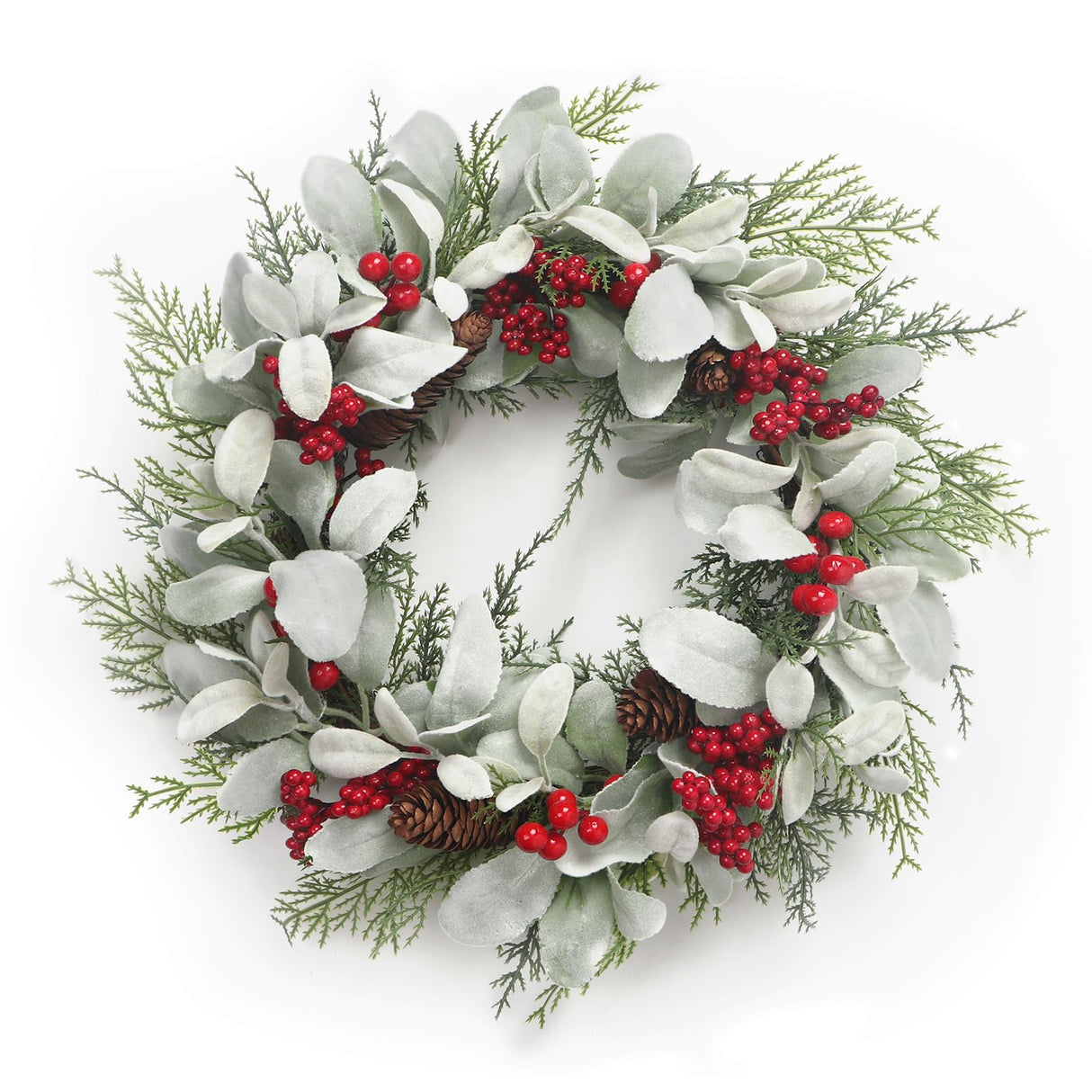 19'' Christmas Wreaths for Front Door, Aesthete Lambs Ear Wreath with Red Berries Pinecone Decor for Indoor Outdoor Christmas New Year Gift Kmise