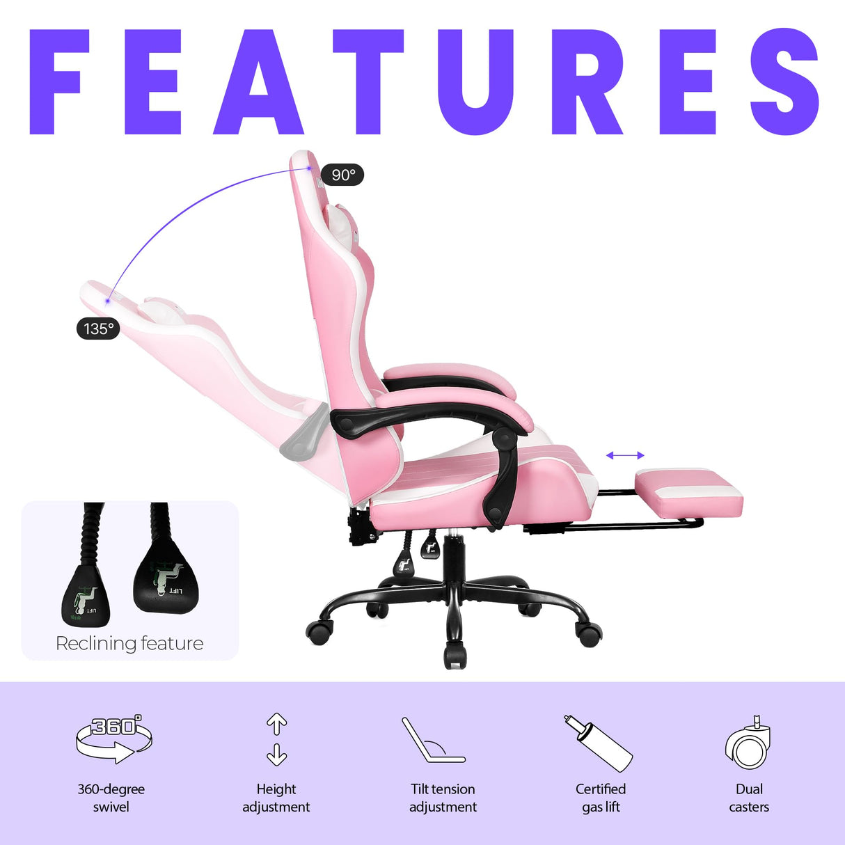 N-GEN GAMING Video Gaming Chair with Footrest High Back Ergonomic Comfortable Office Computer Desk with Lumbar Support Height Adjustable with PU Leather Recliner for Adults Women Men (Pink) N-GEN GAMING