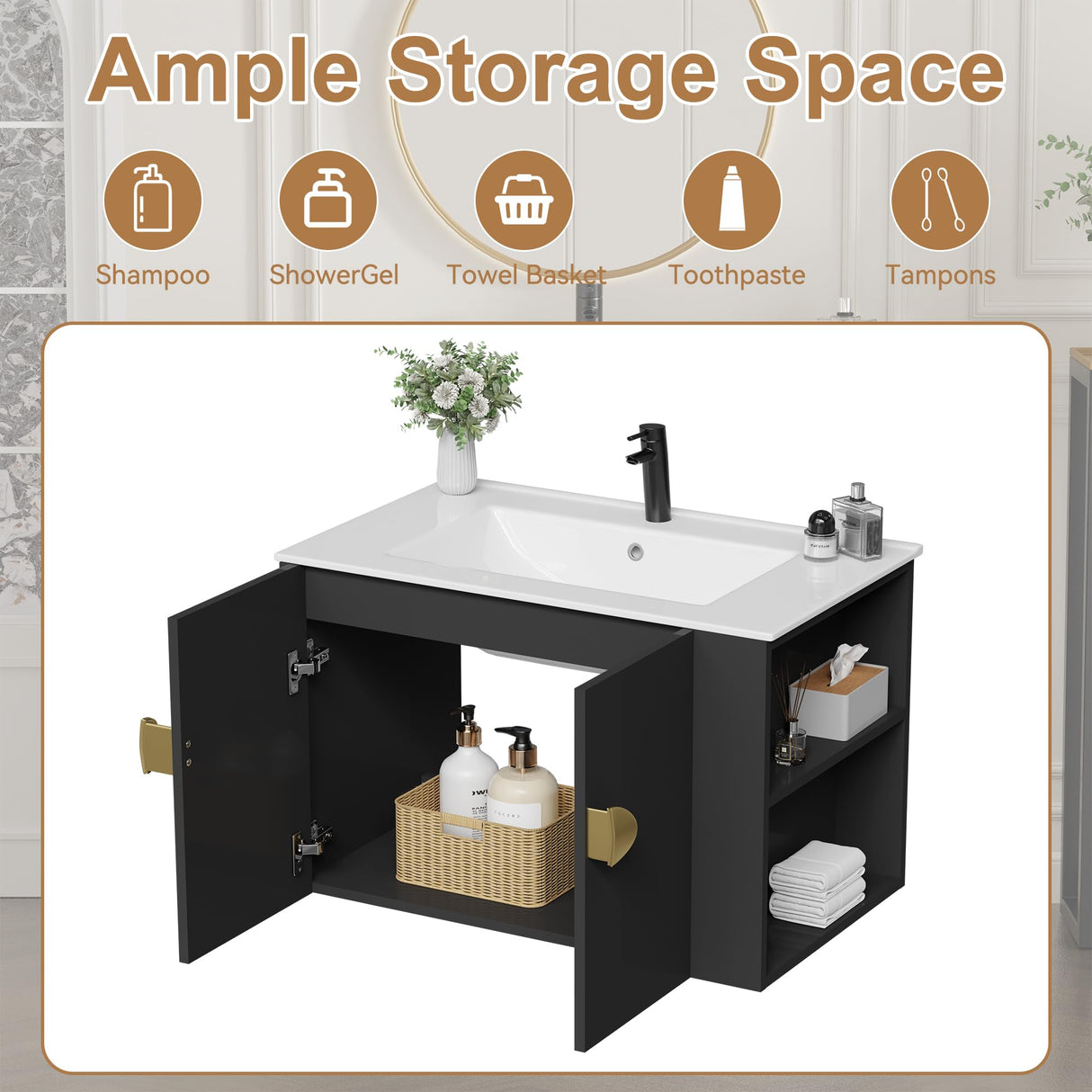 Findepot 30 Inch Floating Vanity Bathroom with Sink, Black Bathroom Vanity Cabinet Combo with Ceramics Sink Top, Soft Close Cabinet Door & Open Storage Right Shelf, Modern Wall Mounted Vanity Findepot