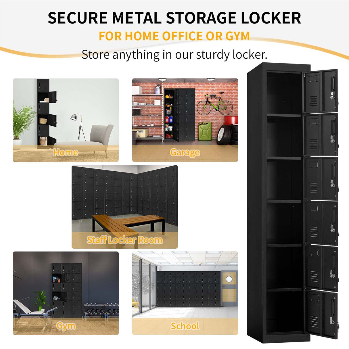 Bonusall Employees Lockers,Metal Office Storage Locker with 6 Door, Tall Steel Lockers with Keys and Lock for School, Gym, Home, Garage,Black Bonusall