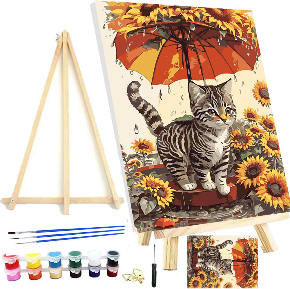 Meothan Framed Paint by Numbers Kits for Adults, Cat Paint by Numbers for Adults Beginners, Sunflower Paint by Numbers Kits on Canvas with Framed for Home Wall Decor 12x16inch (with Easel) Meothan